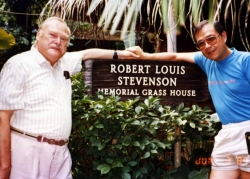 John Roderick and Paul at Stevenson's Memorial Grass House in Hawaii, 1985.