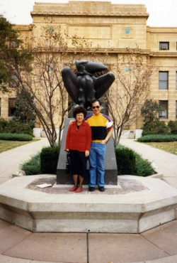 Mom in front of Strong Hall on the KU campus, mid-1980s