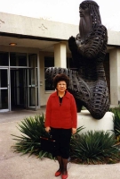 Mom with Moses on the KU campus, mid-1980s.
