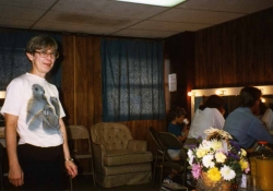 Barb Downing (props) in the dressing room, 1989.