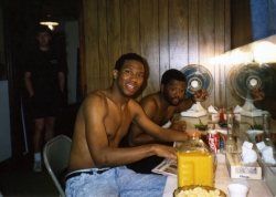 Jerel Taylor and Robert Strain in the dressing room, 1989.
