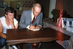 William S. Burroughs with Joe McCauley in the green room at the Lawrence Community Theatre..