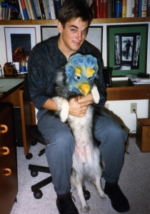 Don Dinwiddie with Imelda in a mask, mid-1980s.
