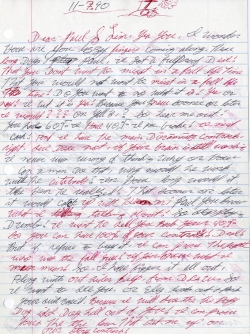 Sample of hand-written letter from John William in prison, to Paul, 1990.