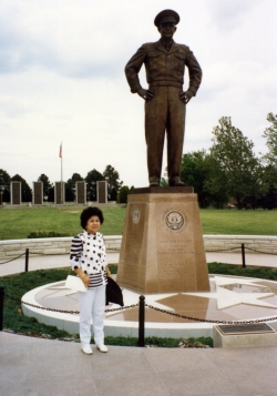 Mom with statue of Ike in Abilene, KS, mid-1980s.