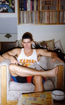Rudy Burlin in family room of Randall Rd. house, 1987.