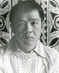 Paul with tapa cloth in Grant's study on Pamela Lane, 1978.