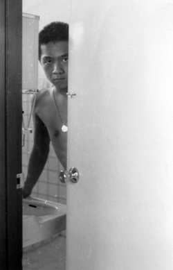 Paul in upstairs bathroom at home.