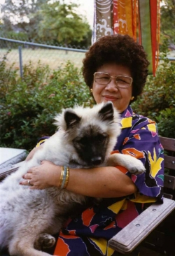 Mom with Imelda in backyard, 1985.