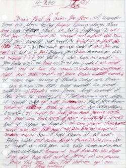 Sample of hand-written letter from John William in prison, to Paul, 1990.